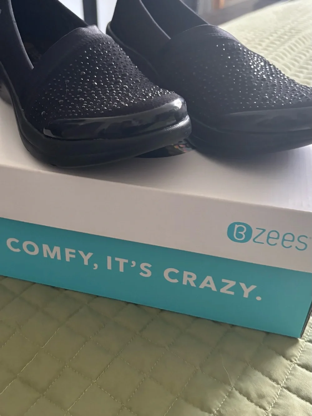 Bzees Black Slip-On Flats with Crystal Accent